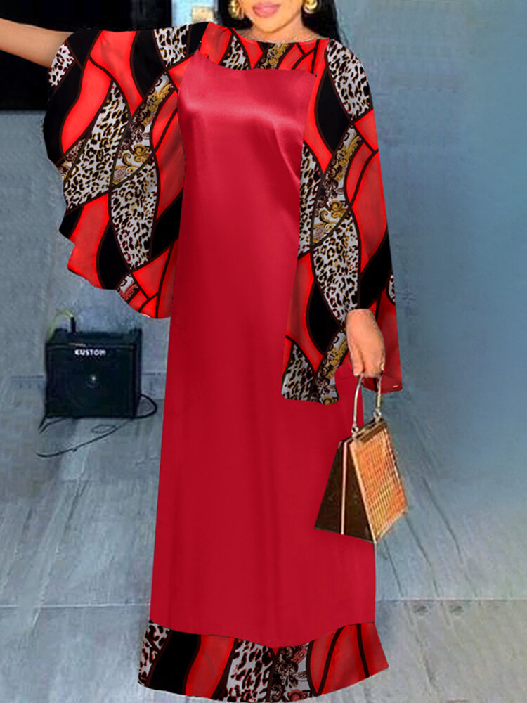 Maxi-jurk met ronde hals in contrasterende kleur met luipaardprint