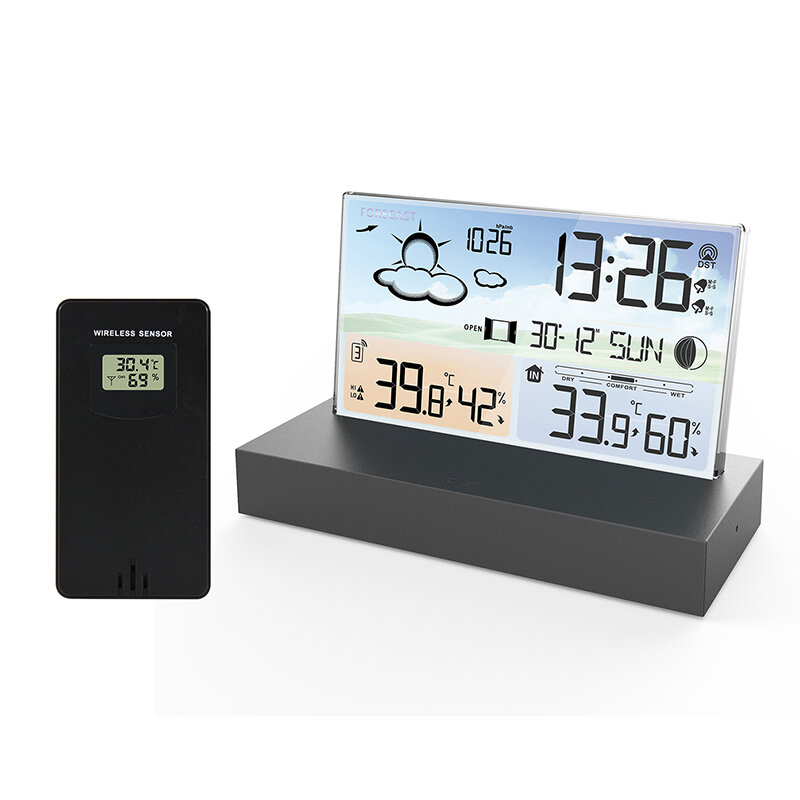 Weerstation van helder glas Kleurenscherm Thermometer Hygrometer Weersvoorspellingskalender Draadloo