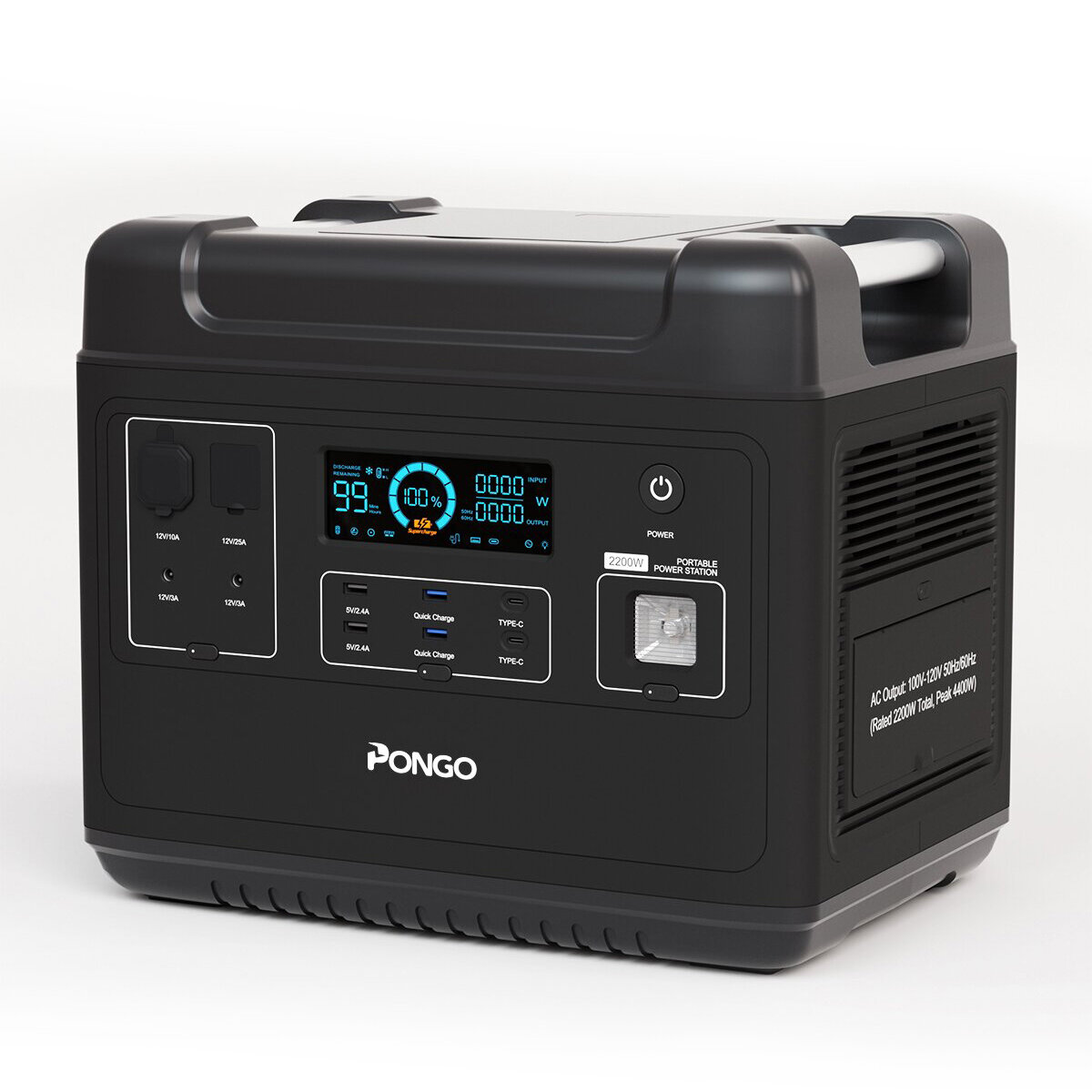 [US Direct] PONGO PSN2200 2000Wh Přenosná napájecí stanice LiFePO4 baterie Solární generátor s 6 110V/2200W Čistých sinusových AC výstupů Přenosný generátor s 25A výstupem pro venkovní kempování