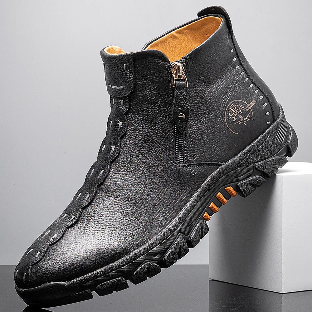 

Men Cowhide Leather Breathable Soft Sole Brief Pure Color Zipper Comfy Casual Shoes