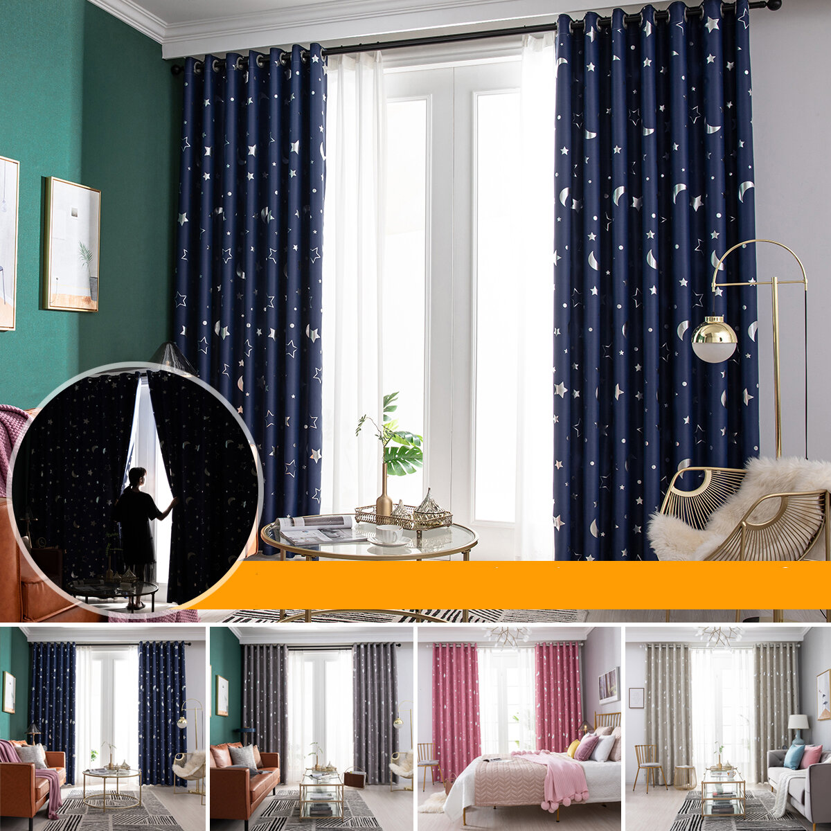 Polyester Window Curtains Moon Star Kids Child Bedroom Window Door Curtains for Living Room Home Decor
