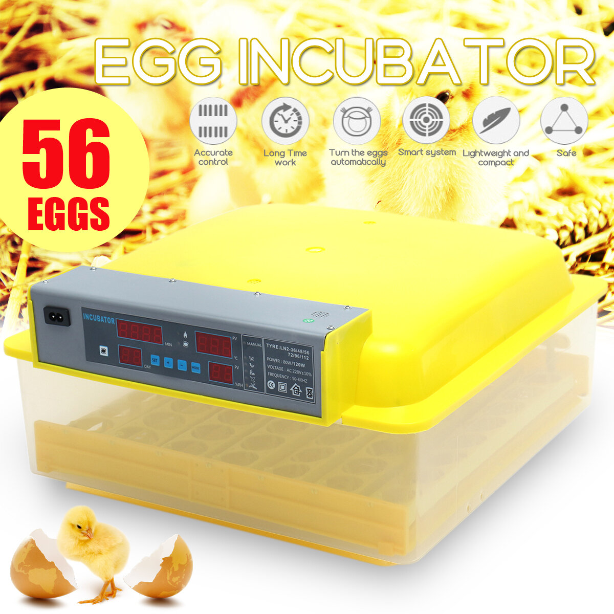 

56 Автоматический инкубатор яйца Цифровой инкубатор Контроль температуры цыплят US/EU/UK Plug
