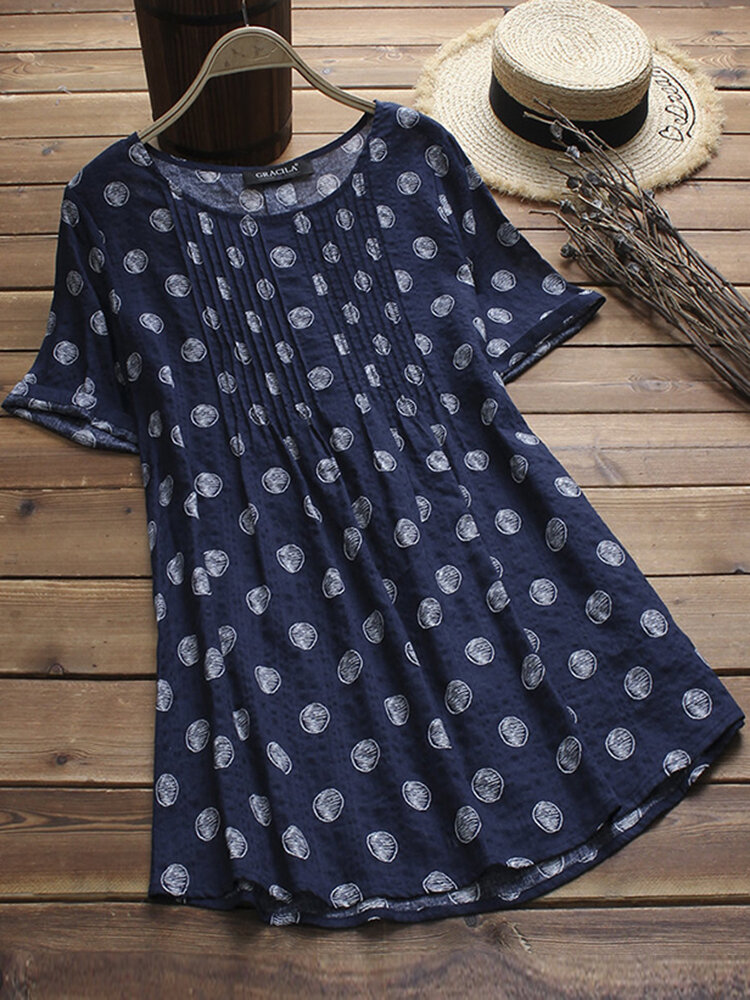 S-5XL Vintage Women Polka Dot Print Pleated Short Sleeve Blouse