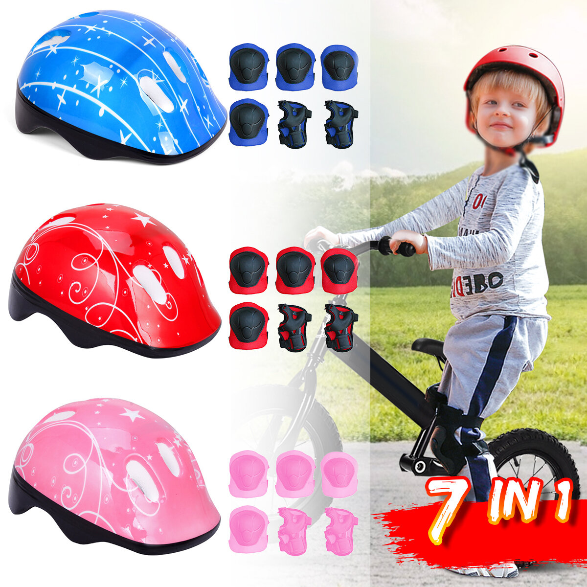 7 IN 1 Kids's Balance Bike Helmet Kits With Protect Knee Wrist Elbow Pads Roller Skating Protective 