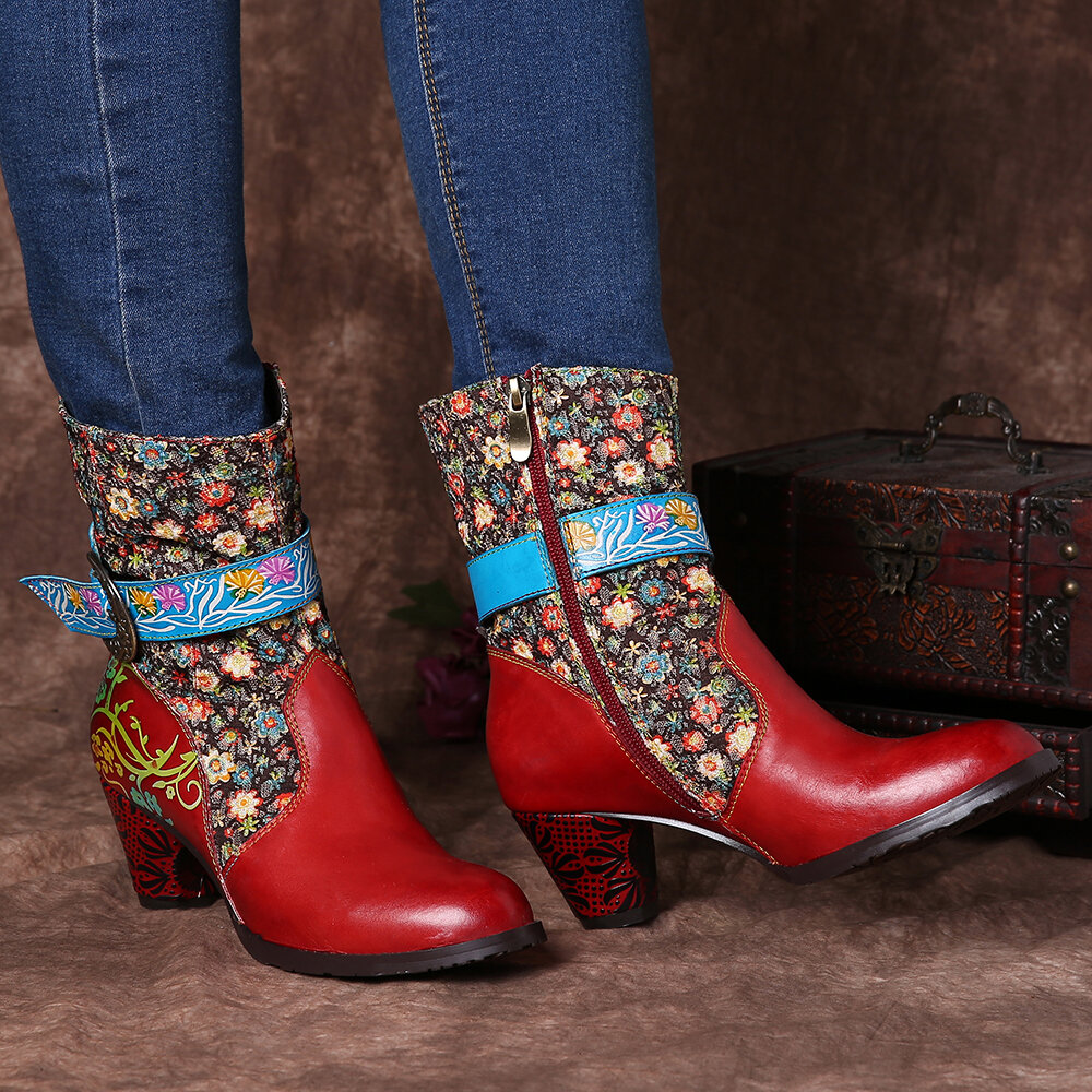 

SOCOFY Retro Flower Pattern Stitching Genuine Leather Metal Buckle Zipper High Heel Mid Calf Boots