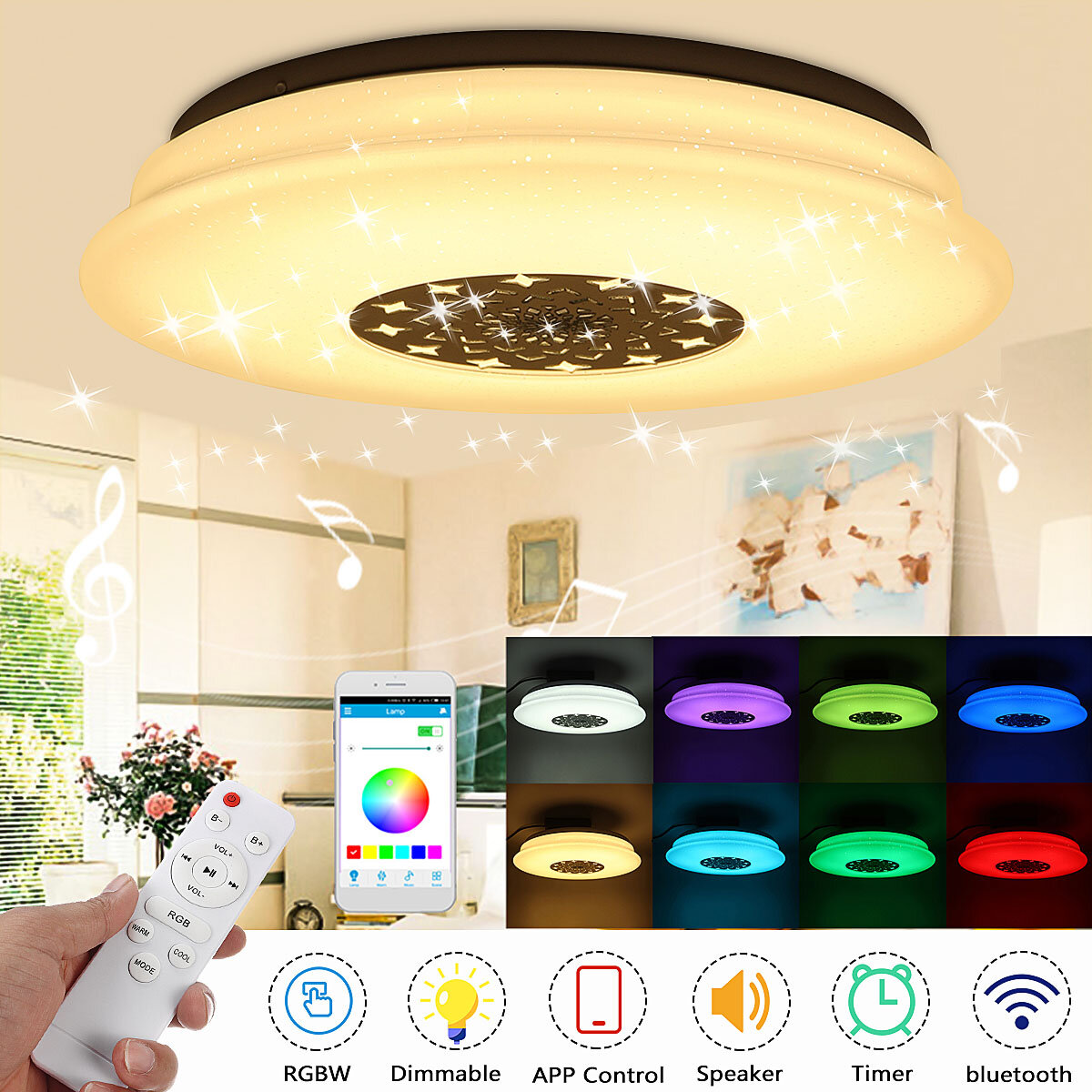 

AC110-220V RGB LED Ceiling Light with bluetooth Speaker Dimmable Modern Music LED Flush Mount Fixture APP Control Color