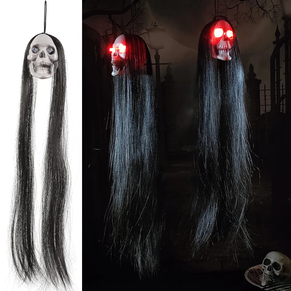 

Glowing Hanging Skull Lights With Long Hair Ghost Skull LED Lamp Ornament Shiny Red Eyes Lights Scary Prop Halloween Dec