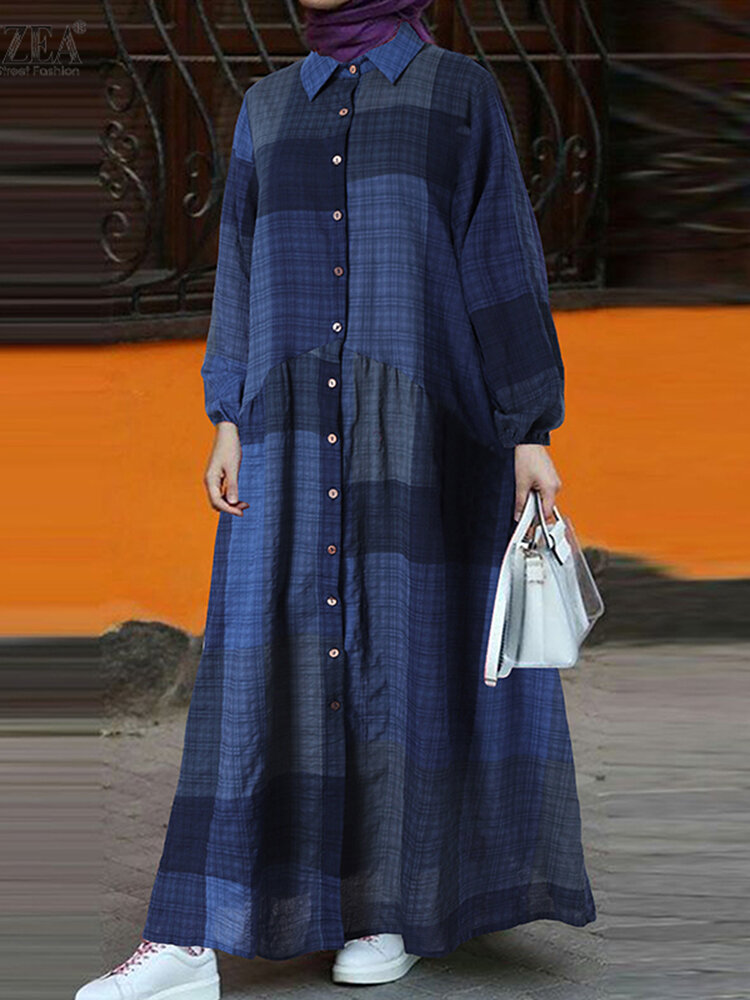 Dames raster gedrukte colorblock pofmouwen Boheemse retro maxi-jurk