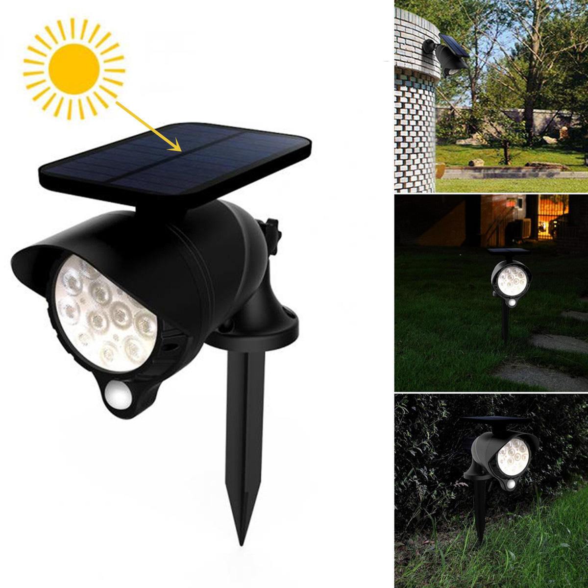12 LED solare Proiettore motorizzato lampada Faretto da giardino per esterni da giardino IP65 Proiettore da esterno impermeabile per proiettori IP65