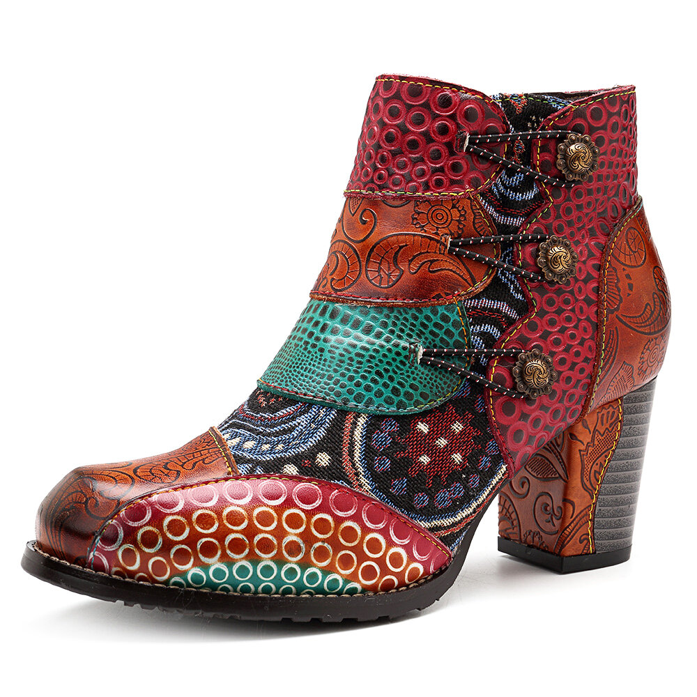 SOCOFY Splicing Pattern Button Zipper Ankle Leather Boots