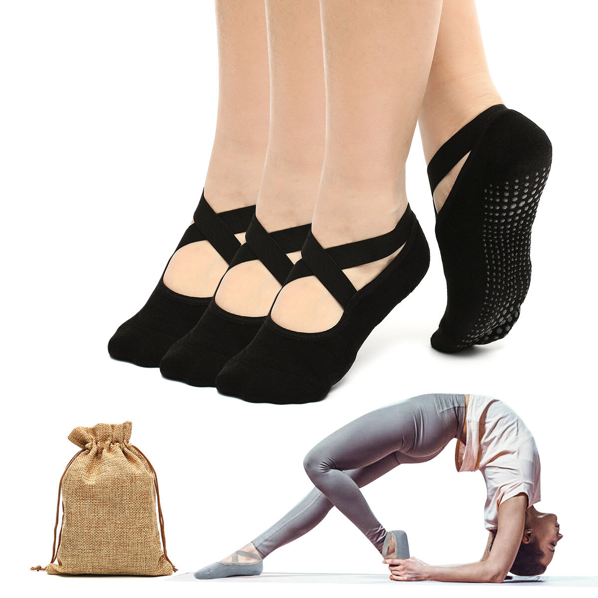 CHARMINER 2 ΖΕΥΓΑΡΙΑ/3 ΖΕΥΓΑΡΙΑ Κάλτσες Yoga με διασταυρούμενες λωρίδες, αντιολισθητικές και αναπνεύσιμες, κατάλληλες για μπαλέτο, πιλάτες, yoga για γυναίκες
