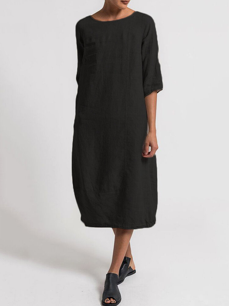 solid color 3/4 sleeve crew neck casual dress at Banggood
