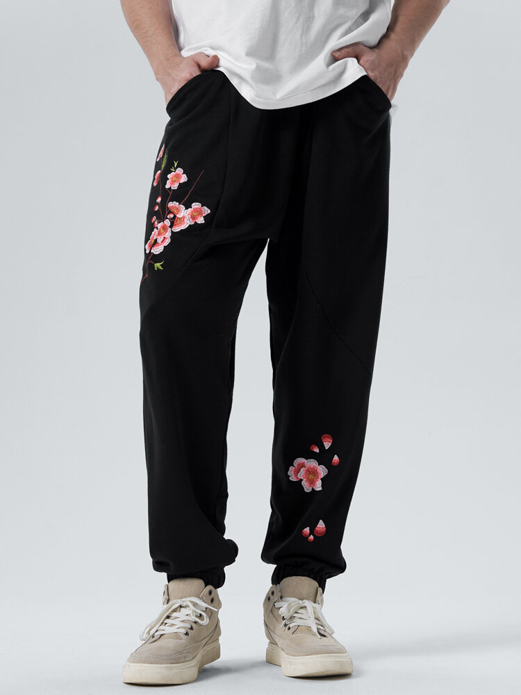 

Mens Floral Embroidered Seam Detail Loose Drawstring Waist Sweatpants