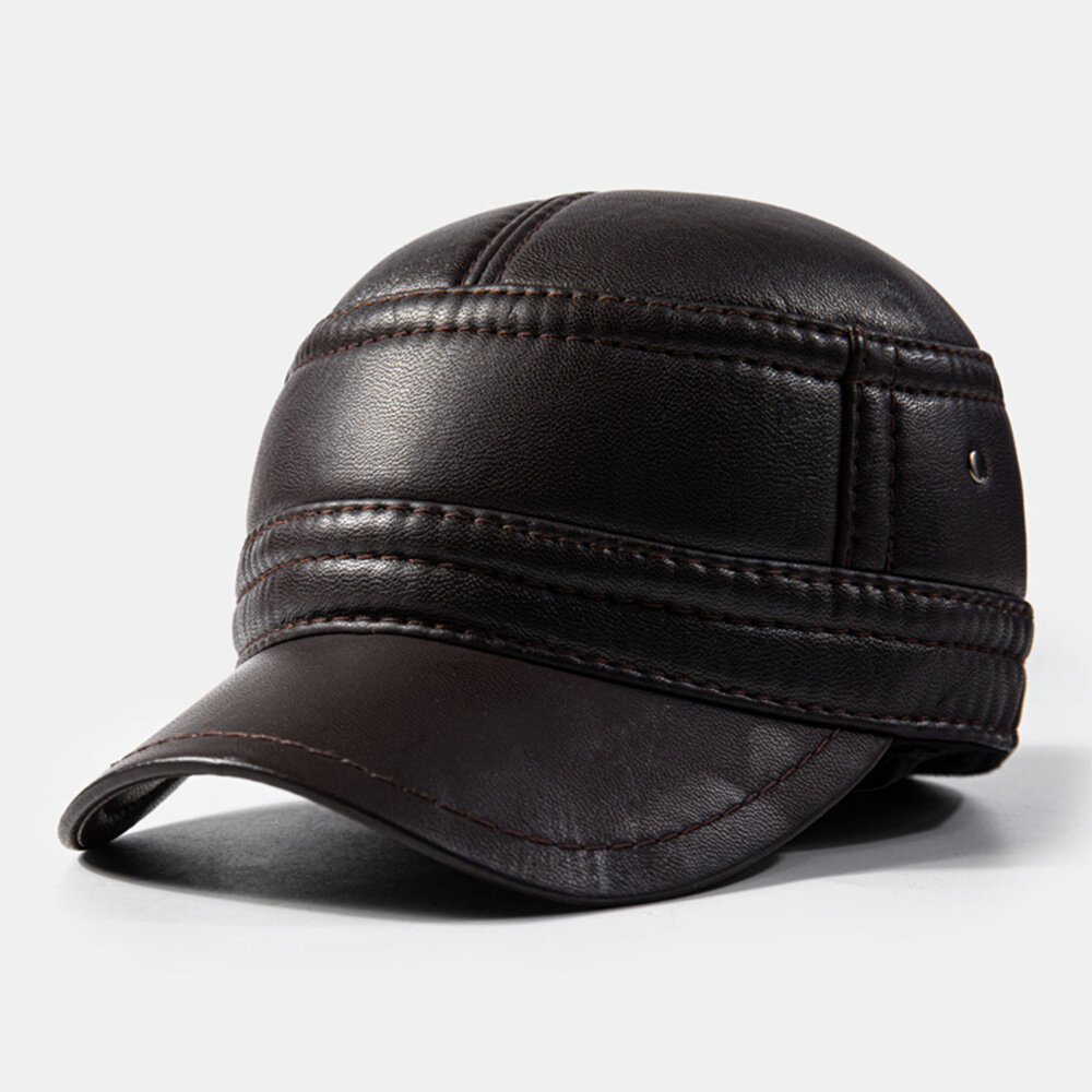 Men Earflap Hat PU Soft Leather Winter Ear Protection Windproof Adjustable Baseball Cap Driving Hat