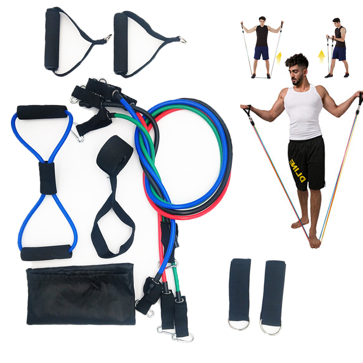 11PCS Home Workout Resistance Bands Set with Door Anchor Handles and Ankle Straps Muscle Training Equipment
