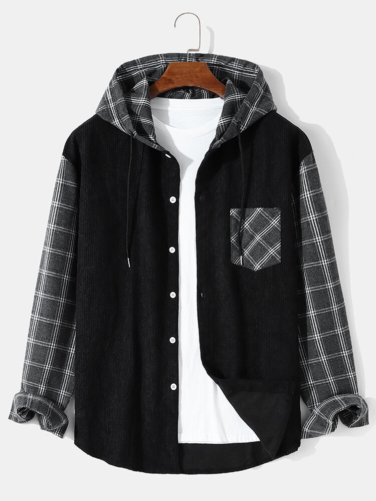 Mens Corduroy Plaid Patchwork Long Sleeve Preppy Hooded Shirts With Pocket