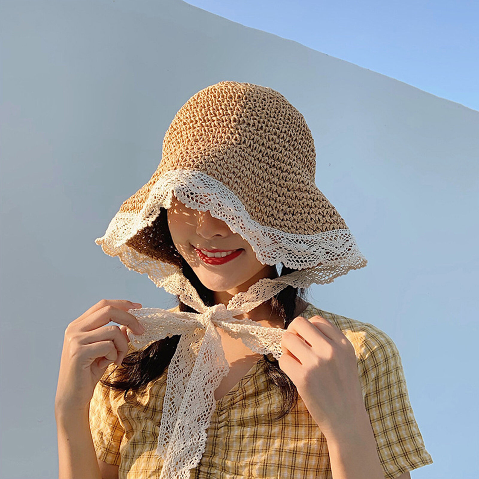 Women Straw Leisure Holiday Versatile Breathable Shade Hand-woven Lace Straw Hat Tour Beach Bucket C