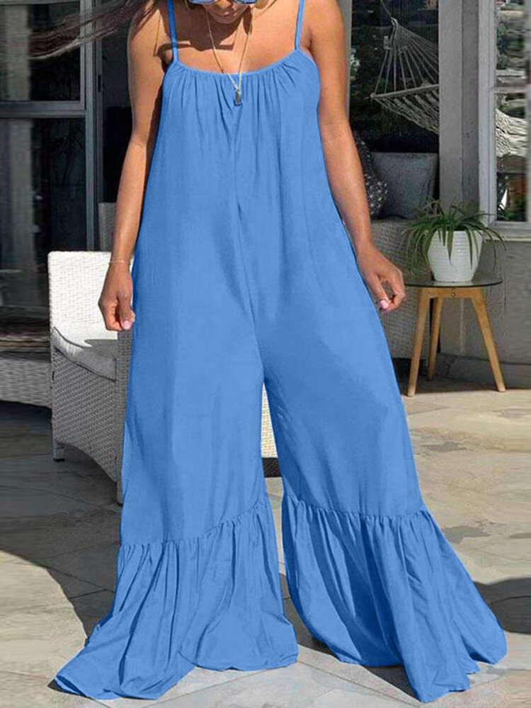 Solid Color Sleeveless Straps Pleated Jumpsuit For Women