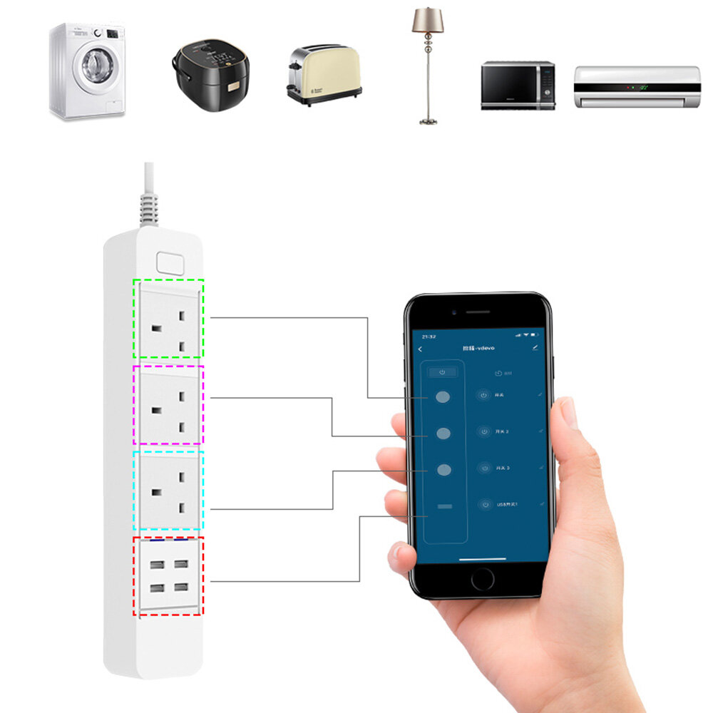 DHEKINGD D666 Smart WIFI APP Control Power Strip with 3 UK Outlets Plug 4 USB Fast Charging Socket A