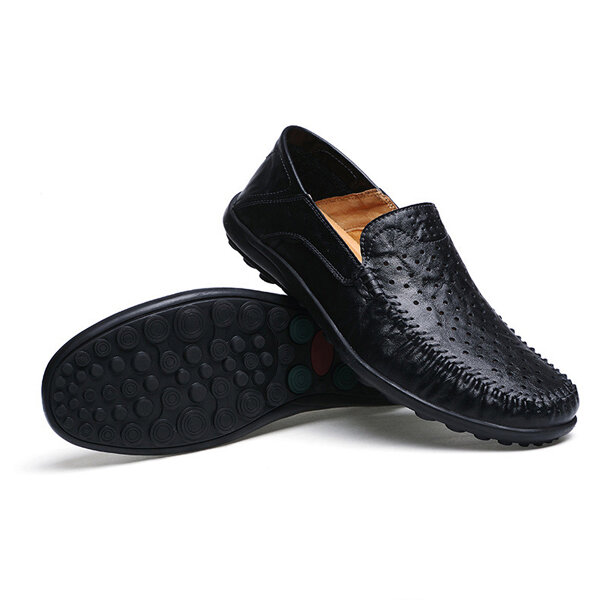 men flats casual outdoor leather hollow out flats shoes at Banggood