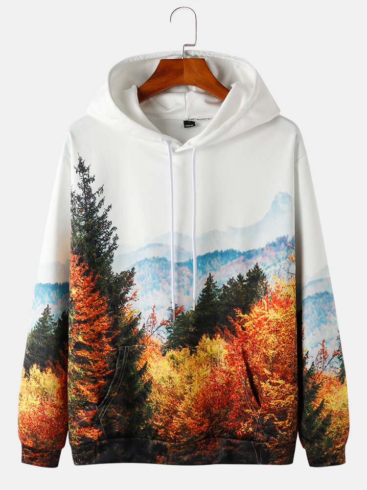 Mens Forest Landscape Print Drawstring Pullover Hoodies With Pouch Pocket