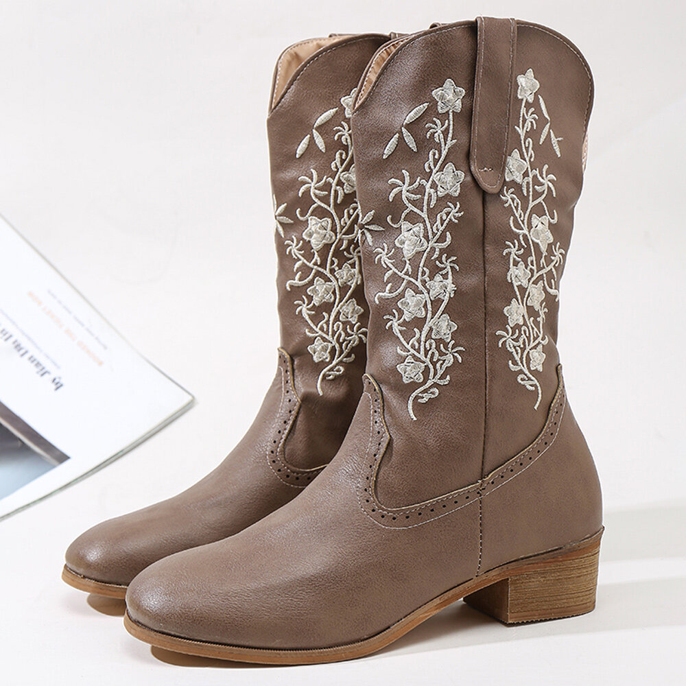 50% OFF on Retro Flowers Square Toe Slip On Mid-Calf Block Heel Cowboy Boots For Women