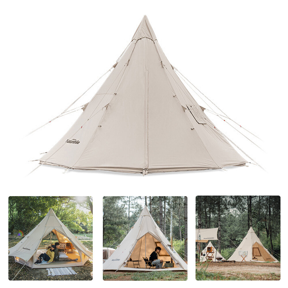 Tenda de acampamento piramidal de algodão respirável Naturehike para 3-4 pessoas com grande toldo para atividades ao ar livre e viagens.