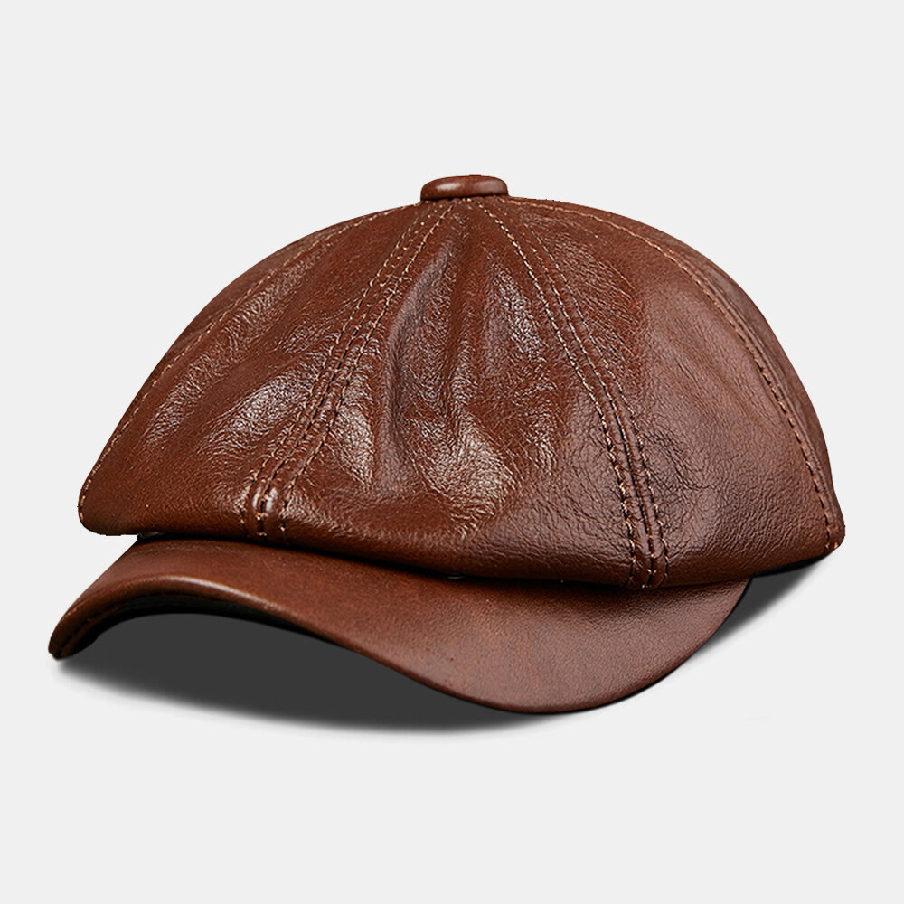 Men Genuine Leather Cowhide Retro Fashion Octagonal Hat Newsboy Hat Beret Hat Flat Hat