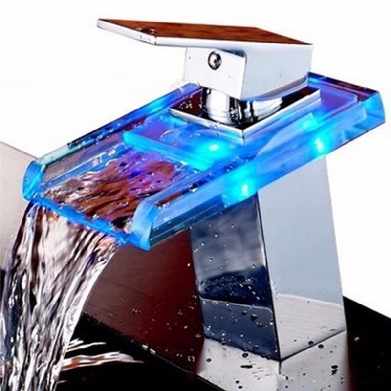 Badkamer LED Waterfall Kranen Sink Warm Koude Mixer Kraan Temperatuur Controle Licht Tik