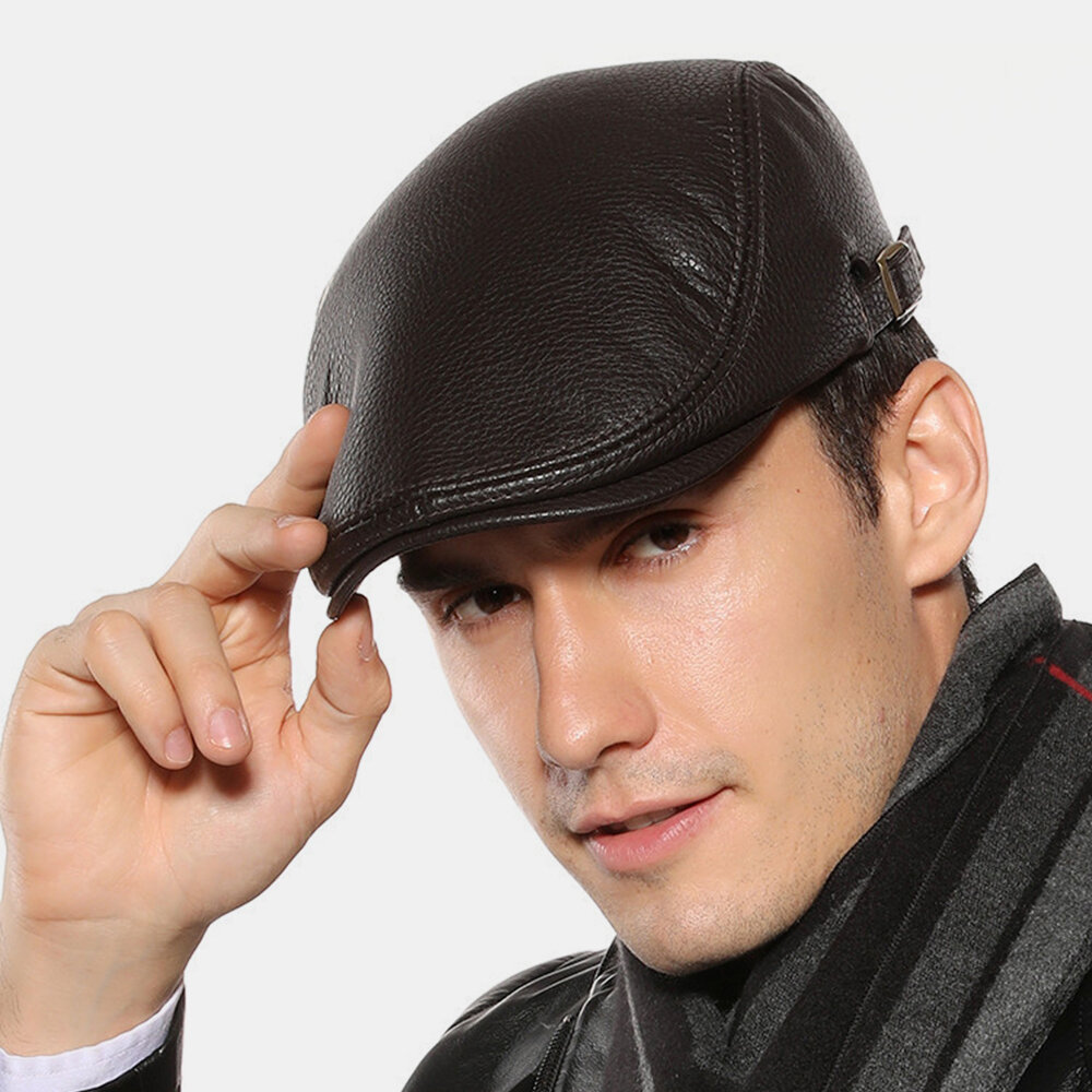 Men Faux Leather Keep Warm Solid Color Retro Casual Forward Hat Beret Hat