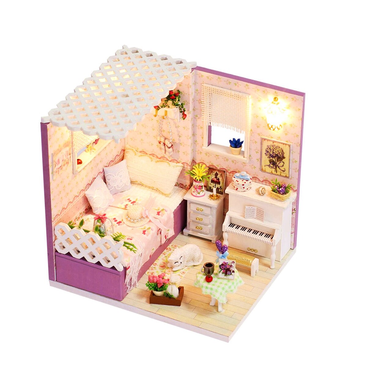 DIY Houten Poppenhuis Kamer Meubels Set LED Licht Miniatuur Meisje Prinses Kerst Kamer Puzzel Speelgoed Gift Decor