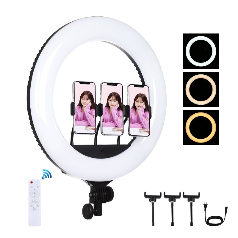 PULUZ PU521B 18 Inch Curved Surface USB Dimmable White Light LED Ring Photography Lights with Remote Control and 3 pcs P