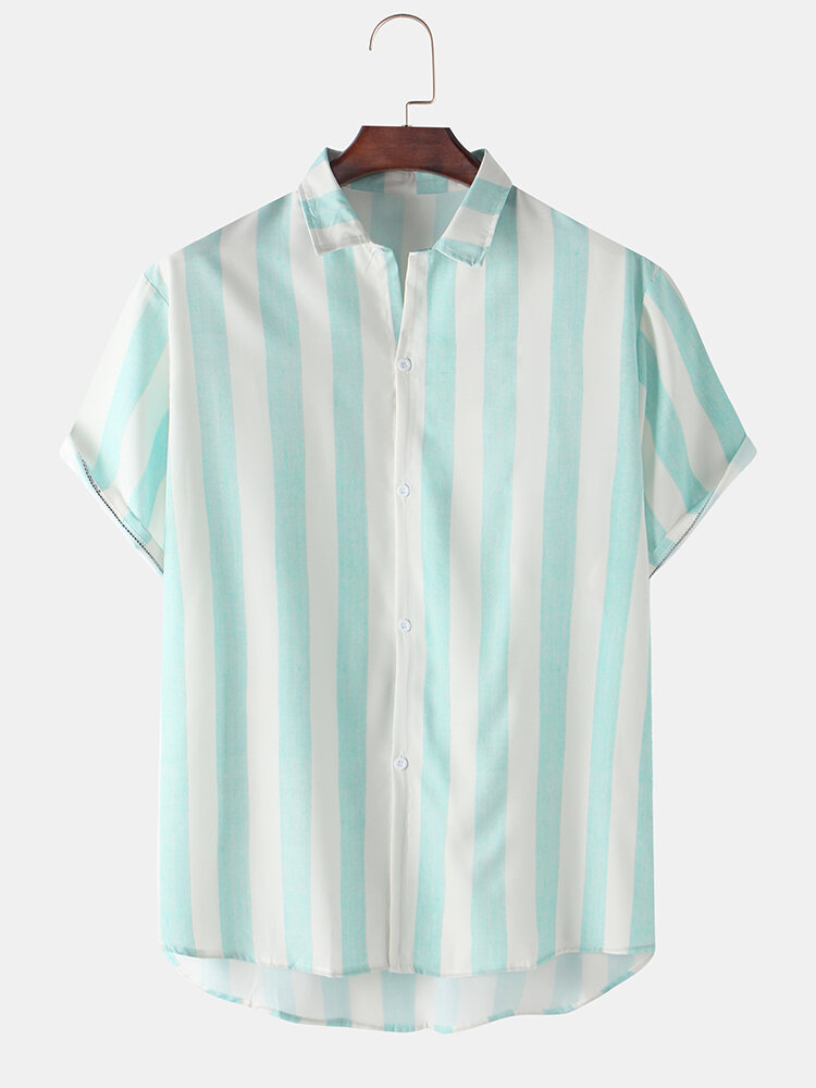 

Hawaii Holiday Style Mens Vertical Stripes Lapel Collar Short Sleeve Shirts
