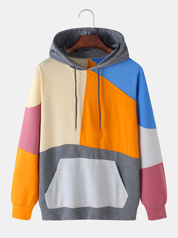 Kleurrijke patchwork effen kleur Kangoeroezak lange mouwen hoodies voor mannen