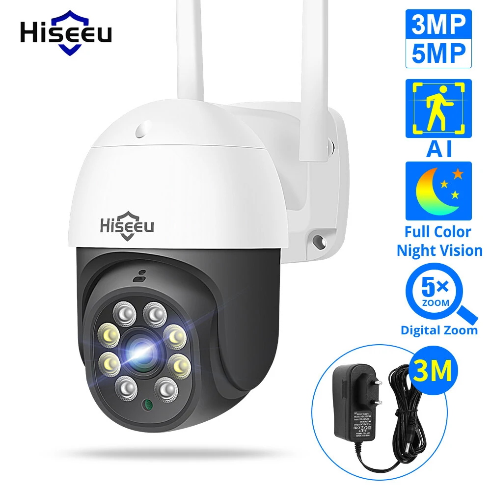 Hiseeu 3MP/5MP PTZ IP Camera Outdoor Security AI Human Detection H.265X Wireless WiFi CCTV Video Surveillance Cameras iCsee P2P – 3MP EU