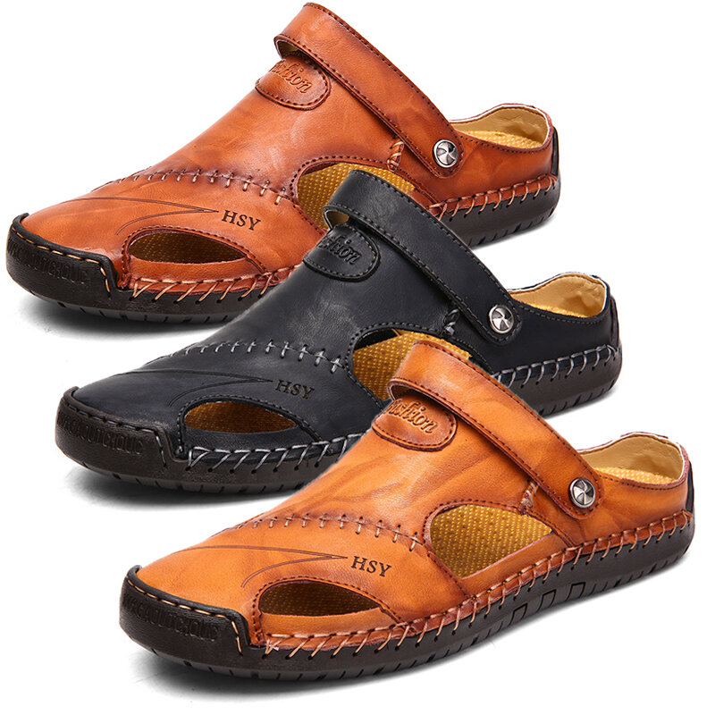 Sandales et pantoufles en cuir pour hommes Chaussures de plage Couture à la main Bout fermé Soft Slip On Casual
