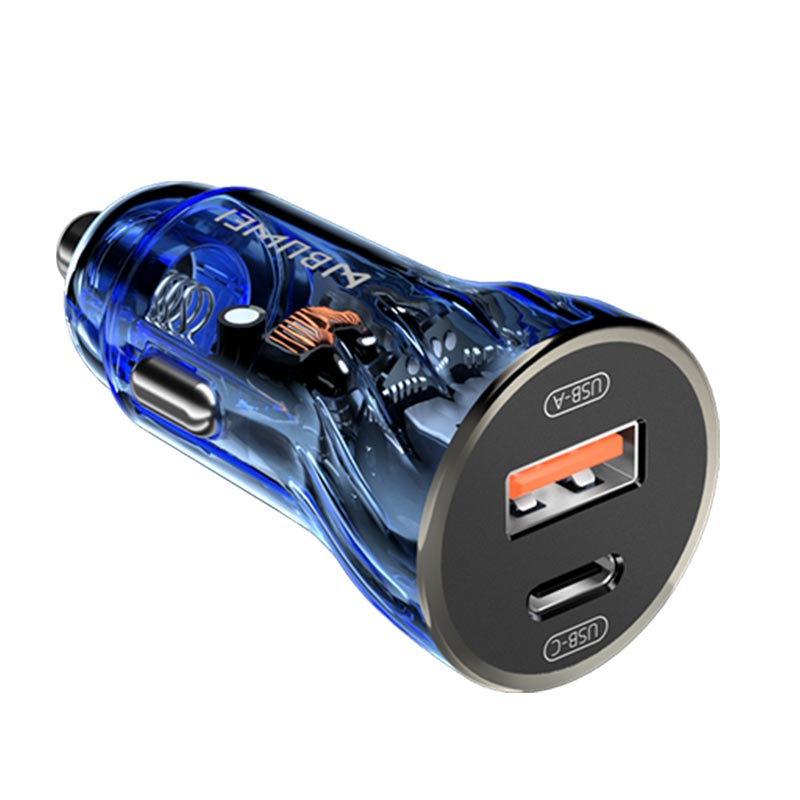 12V-24V Dual USB Transparent Car Charger 30W PD + QC4.0 Super Fast Charge for Apple Huawei Xiaomi Oppo Vivo