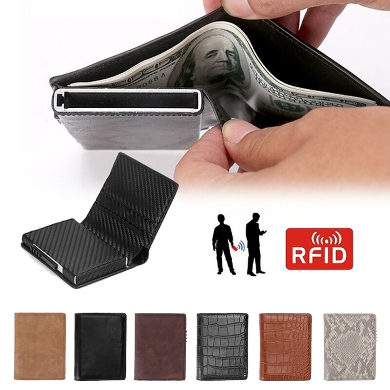 Heren Zakelijk RFID Anti-scan Mini Koolstofvezelpatroon Automatische creditcard Aluminium Munten Tas Portemonnee ID-kaarthouder