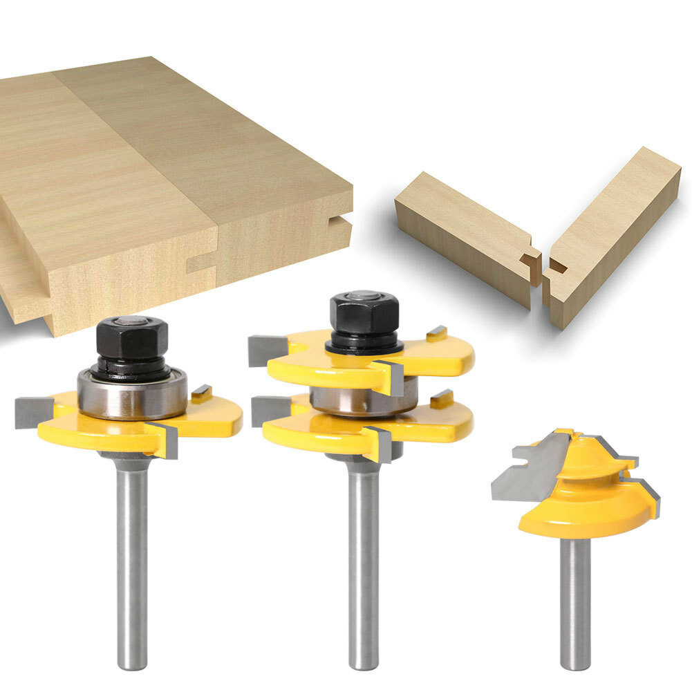 3Pcs 6mm 1/4 Shank Tongue & Grooving Joint Router Bit 45 Degree Lock Miter Router Set Stock Wood Cut