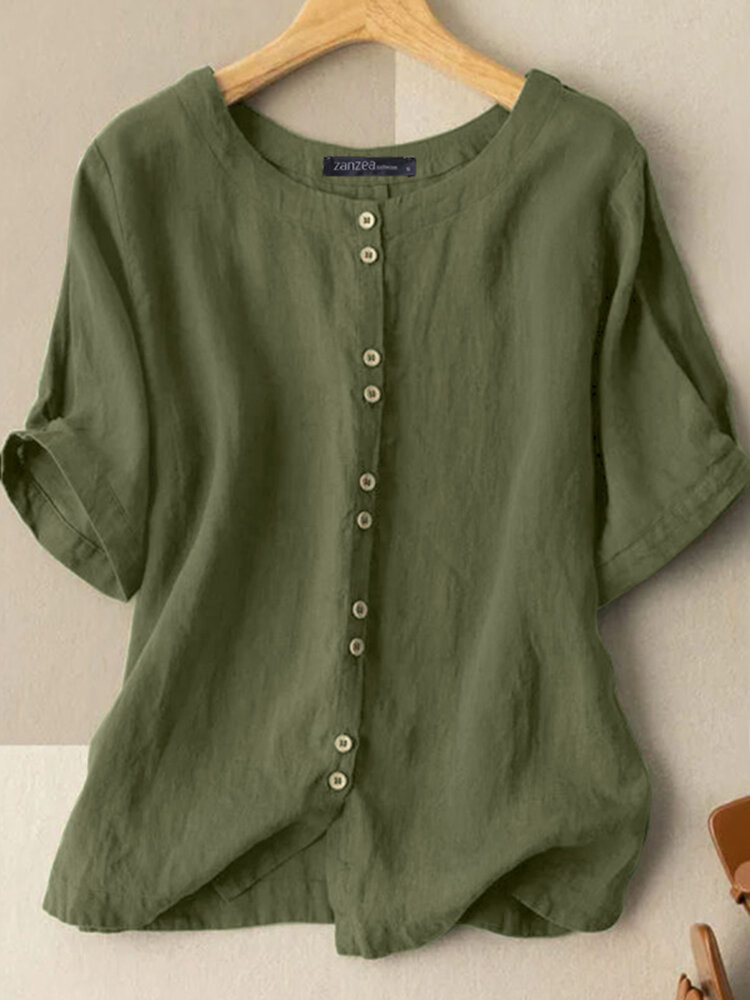 Solid Color O-neck Half Sleeve Cotton Blouse For Women