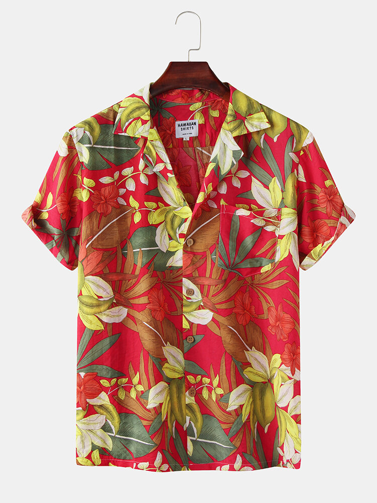 Image of Herren Baumwolle Blumendruck Umdrehen Kragen Tasche Kurzarm Hawaii Beach Shirts