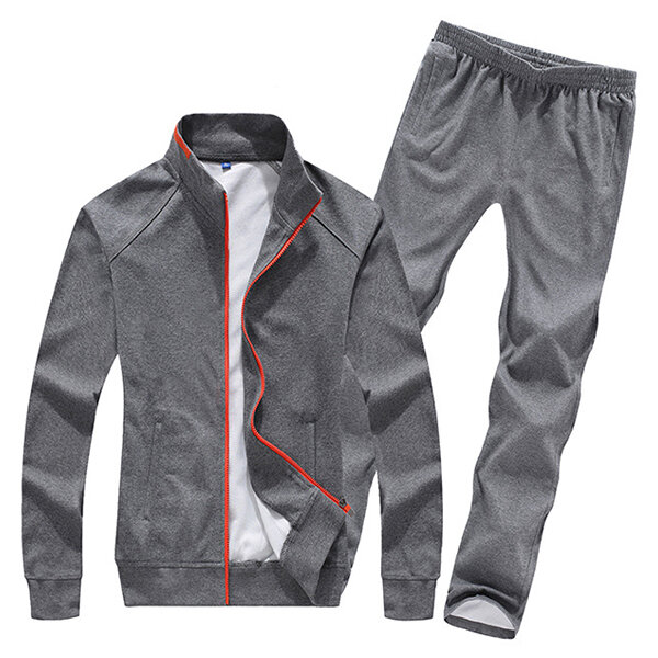 Mens casual plus size solid color tracksuits stand collar cotton sport ...