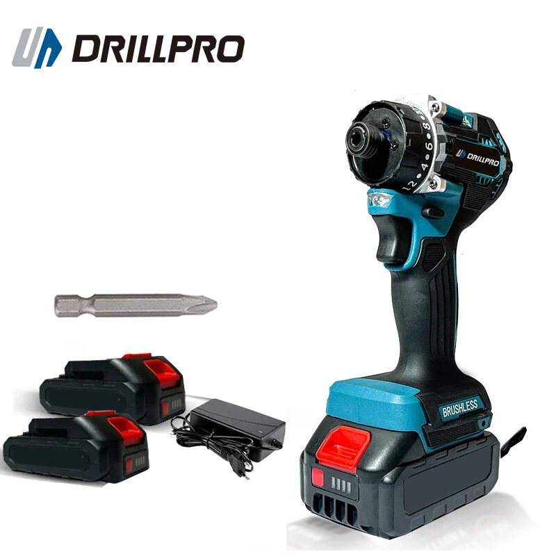 Parafusadeira elétrica sem escovas Drillpro 20 + 1 relação de engrenagens 1000 W 4000 rpm Design ergonômico Compatível c