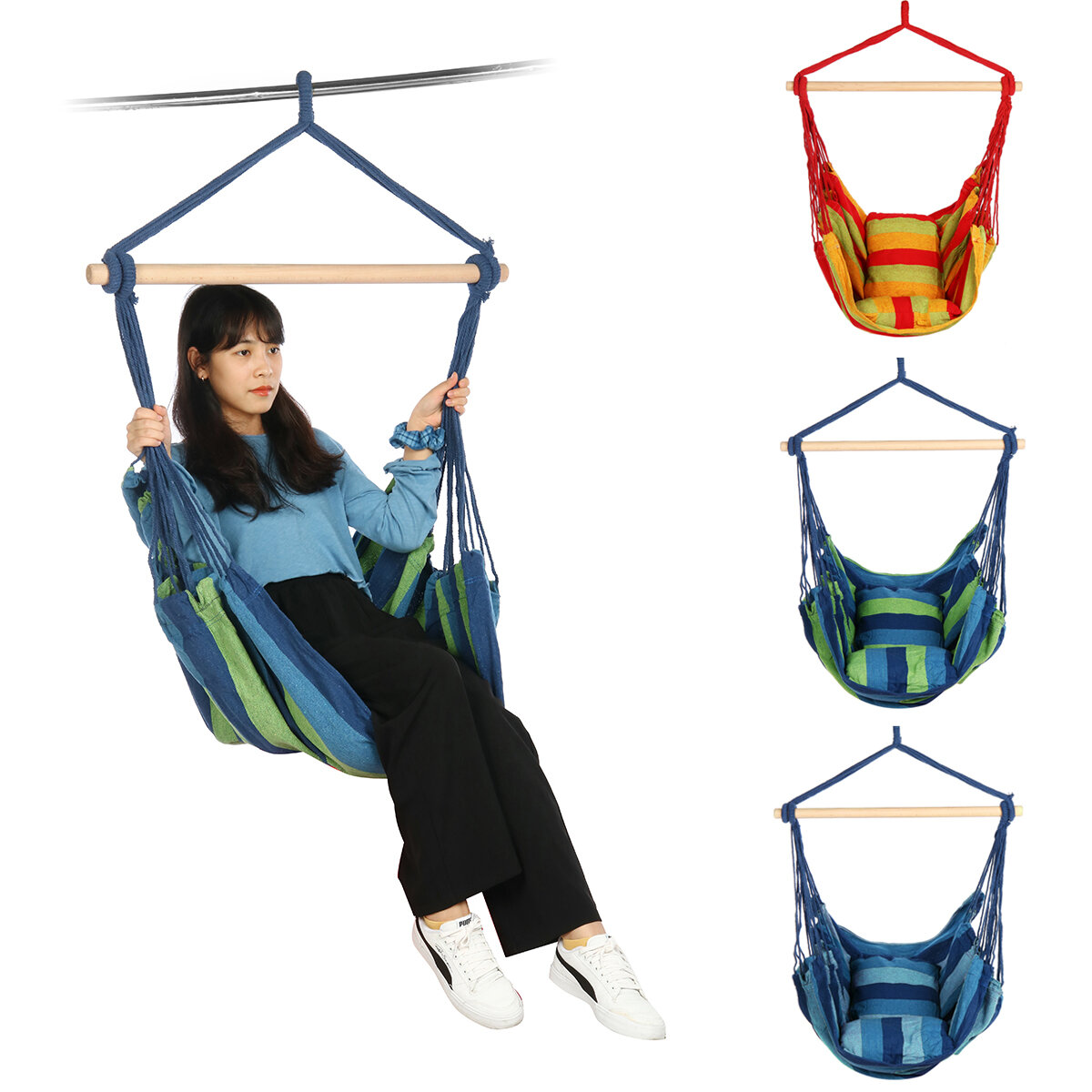 Cadeira de rede dobrável para camping, pendurada em cordas para piquenique, caminhada e viagem ao ar livre.