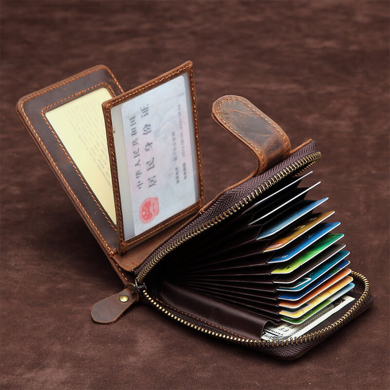 Men RFID Anti-magnetic 12 Card Slot Card Holder Genuine Leather Zipper Organ Wallet Driver License Card Case