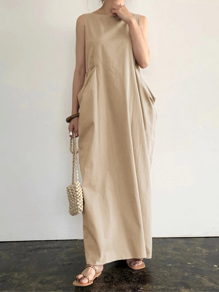 Women Elegant Solid Color Side Pockets Design Sleeveless Casual Maxi Dress
