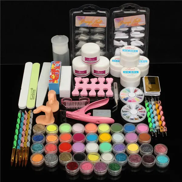 42 colores Nail Art Set Kit de manicura Esmalte de gel Acrílico Brillo en polvo Puntas de archivo Decoración Pantalla