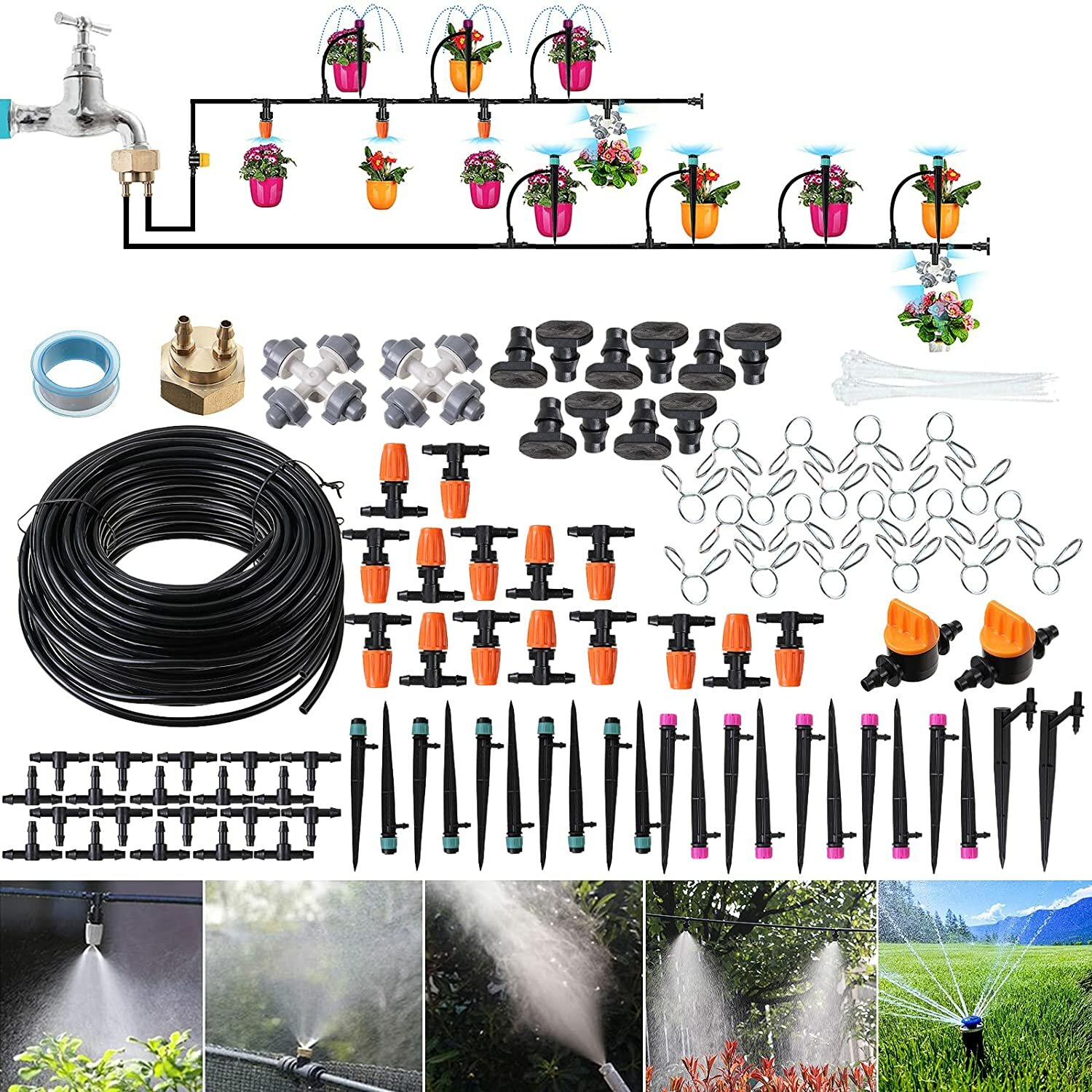 Druppelbevloeiingskit 18 m tuinbesproeiingssysteem Kas Patio Automatische irrigatiekits met dubbelweg messing schroefdraadconnector en 4 soorten sproeiers Eenvoudige installatiebediening