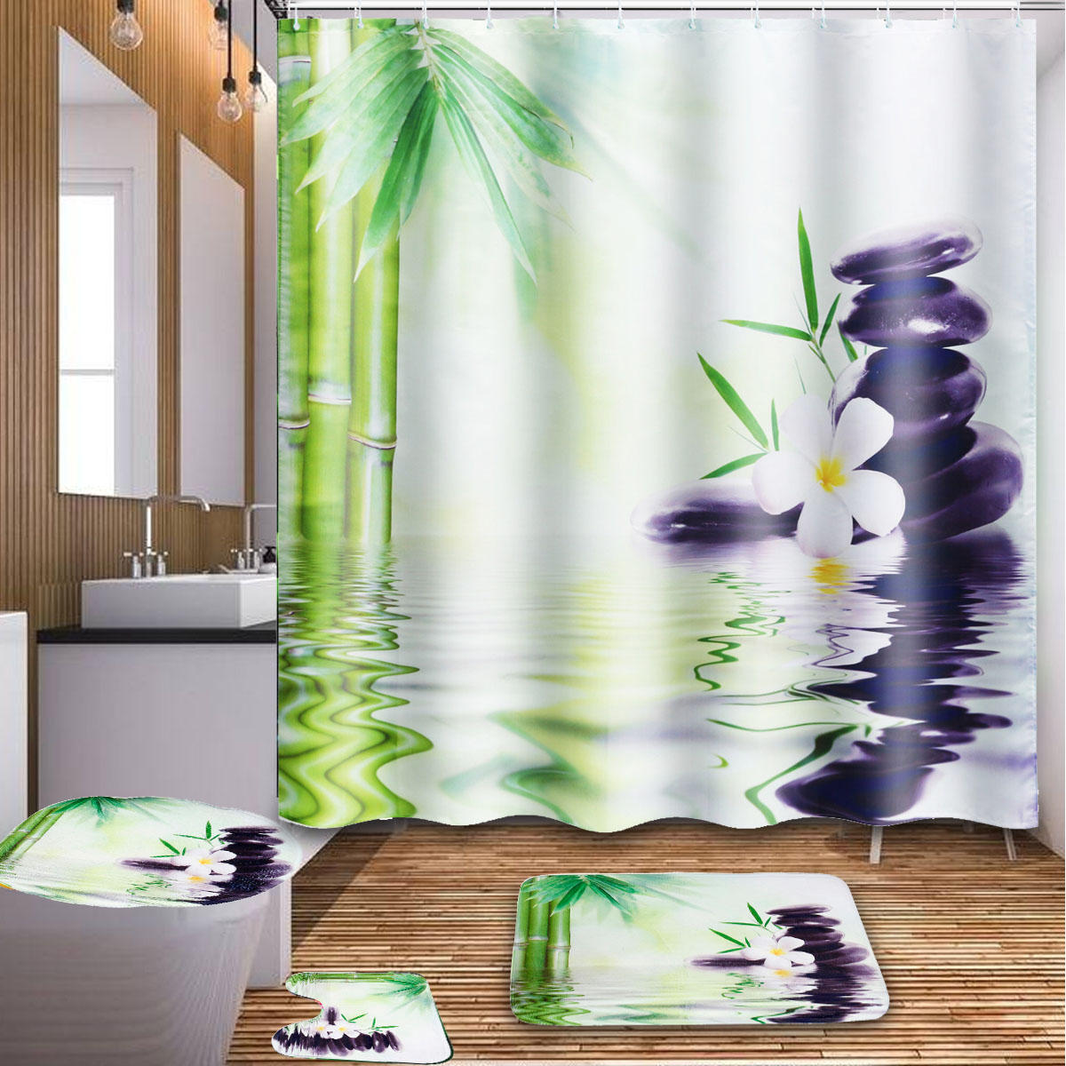 180x180cm Bamboo Orchid Stone Badkamer Douchegordijn met haken Toilet Rug Cover