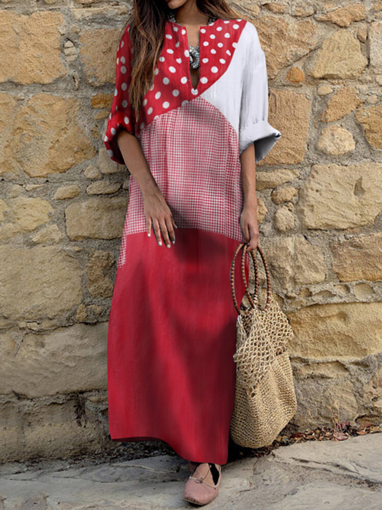 

Women Polka Dot Patchwork Side Split Long Sleeve Cotton Bohemian Vintage Maxi Dresses